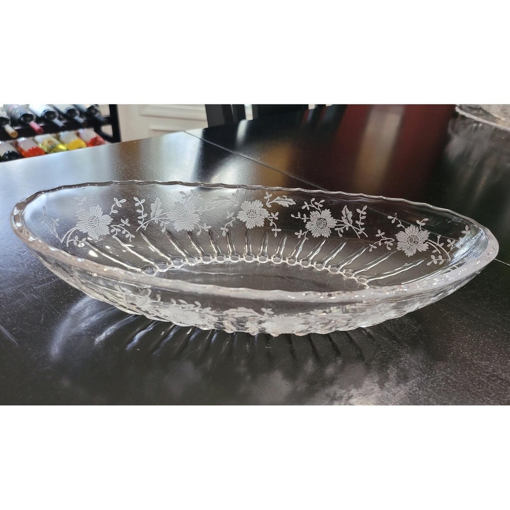 Vintage Forest Damask Etched Glass Pickle‎ Bowl
